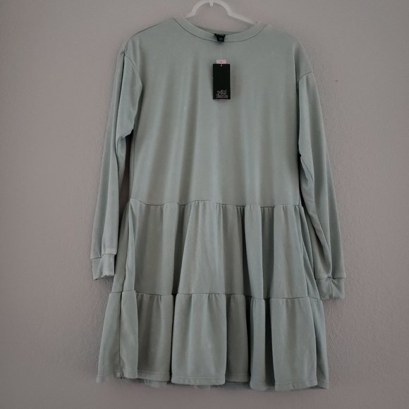 WILD FABLE Extra Small Light Blue Mineral Wash Tiered Sweatshirt Dress - Picture 2 of 11